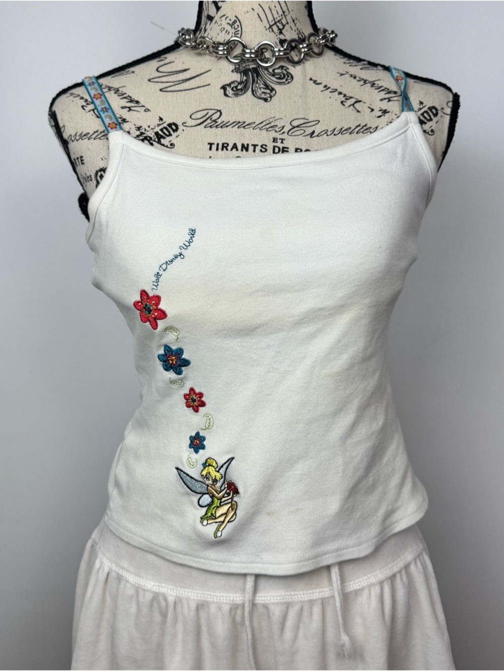 Disney White Tinker Bell Embroidered Cami Tank with Blue Floral Straps